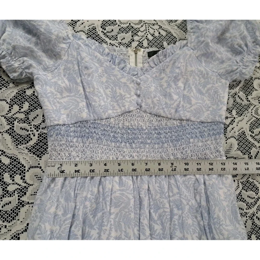 Lulus Mini Dress L Periwinkle Blue Print Puff Sleeve Sweetheart Neckline Smocked
